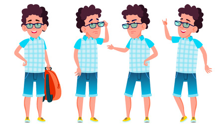 Boy Schoolboy Kid Poses Set Vector. High School Child. School Student. Expression, Happy Childhood, Positive Person. For Banner, Flyer, Brochure Design. Isolated Cartoon Illustrationのイラスト素材