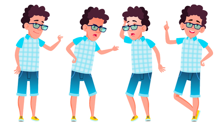 Boy Schoolboy Kid Poses Set Vector. High School Child. Child Pupil. Active, Joy, Leisure. For Advertisement, Greeting, Announcement Design. Isolated Cartoon Illustrationのイラスト素材