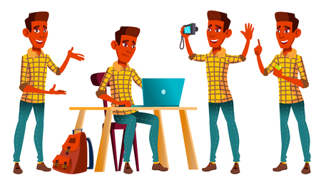 Teen Boy Poses Set Vector. Indian, Hindu. Asian. Cute, Comic. Joy. For Postcard, Announcement Cover Design Isolated Cartoon Illustrationのイラスト素材