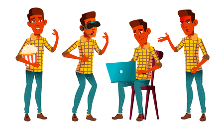 Teen Boy Poses Set Vector. Indian, Hindu. Asian. Fun, Cheerful. For Web, Poster Booklet Design Isolated Cartoon Illustrationのイラスト素材