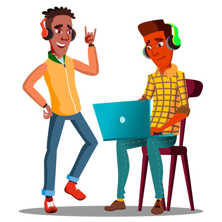 Student Looking At Laptop And Listening To Music On Headphones Vector. Illustrationのイラスト素材