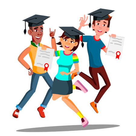 Group Of Happy Students In Graduation Caps Jumping Together Vector. Illustrationのイラスト素材