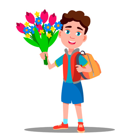 Schoolboy With Backpack On His Back And With Flowers In Hand Vector. Illustrationのイラスト素材