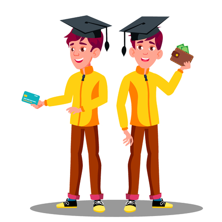 Smiling Student In Graduation Cap With A Credit Card And Wallet In Hand Vector. Illustrationのイラスト素材