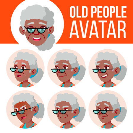 Old Woman Avatar Set Vector. Black. Afro American. Face Emotions. Senior Person Portrait. Elderly People. Aged. Children. Beautiful, Funny Head Illustrationのイラスト素材