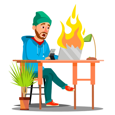 Scared Employees Sitting At The Table And Burning With Fire Laptop Vector. Illustrationのイラスト素材
