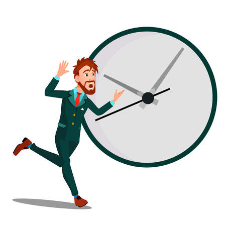 Running Businessman With Huge Clock, Time Management, Deadline Vector. Illustrationのイラスト素材