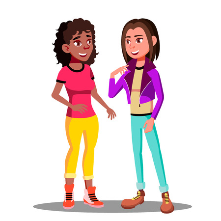 Girls Actively Discuss With Gestures Vector. Illustrationのイラスト素材