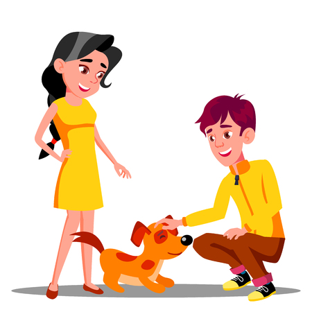 Teenager Petting The Dog In Park Vector. Illustrationのイラスト素材