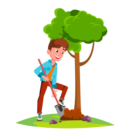 Teen Boy Plant A Tree Vector. Illustrationのイラスト素材