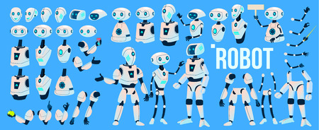 Robot Vector. Animation Set. Mechanism Robot Helper. Cyborgs, AI Futuristic Humanoid Character. Animated Artificial Intelligence. Web Design. Robotic Technology Isolated Illustrationのイラスト素材
