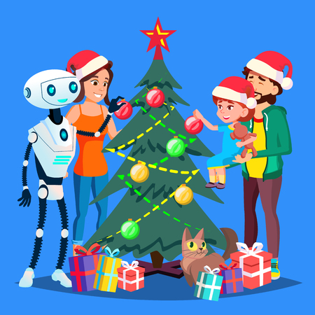 Robot Helps To Decorate Christmas Tree For Happy Family Vector. Illustrationのイラスト素材