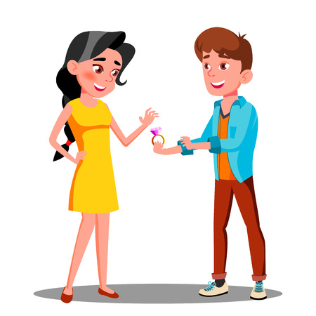 Young Man Gives An Engagement Ring To Happy Girl Vector. Illustrationのイラスト素材