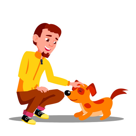 Teen Guy Volunteer Feeding Dog In Shelter Vector. Illustrationのイラスト素材
