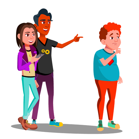 Smiling Friends Whisper Behind The Back Of A Sad Boy Vector. Illustrationのイラスト素材