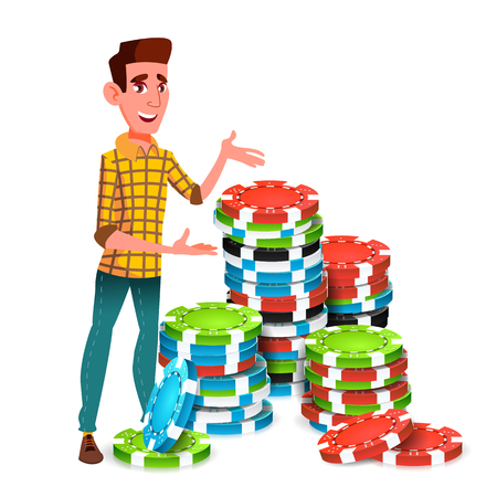 Young Gambler With Huge Stack Of Poker Chips Vector. Illustrationのイラスト素材
