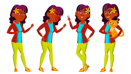 Teen Girl Poses Set Vector. Indian, Hindu. Asian.Beauty, Lifestyle. For Web, Poster Booklet Design Isolated Cartoon Illustrationのイラスト素材