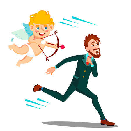Frightened Man Running From Valentine s Day Cupid Vector. Isolated Illustrationのイラスト素材