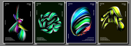 Liquid, Brush Poster Set Vector. Multicolored Object. Drop, Oil. Surreal Graphic. Vibrant Gradients Shape Illustrationのイラスト素材