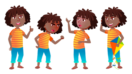 Girl Schoolgirl Kid Poses Set Vector. Black. Afro American. High School Child. Child Pupil. Active, Joy, Leisure. For Advertisement, Greeting, Announcement Design Isolated Cartoon Illustrationのイラスト素材