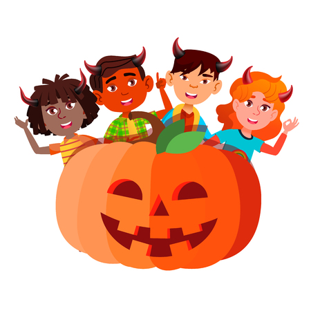 Group Of Children With Devil Horns Peeking Out From Large Pumpkin Vector. Halloween Illustrationのイラスト素材