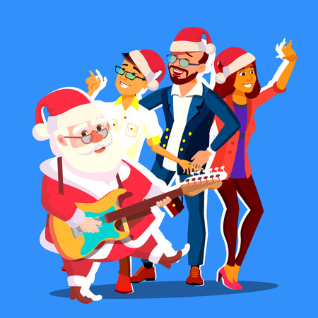 Santa Claus Dancing With Group Of People And Guitar In Hands. Corporate New Year. Christmas Party Vector Illustrationのイラスト素材