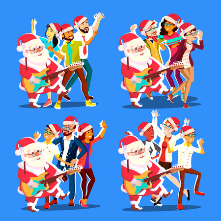 Santa Claus Dancing With Group Of People And Guitar In Hands. Christmas Party Vector Illustrationのイラスト素材