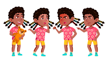 Girl Kindergarten Kid Poses Set Vector. Black. Afro American. Friendly Little Children. Cute, Comic. For Web, Brochure, Poster Design. Isolated Cartoon Illustrationのイラスト素材