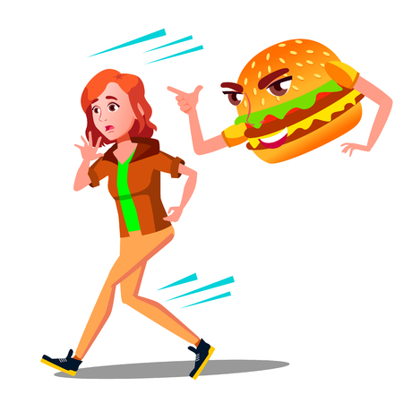 Scared Teen Girl Runing Away From Hamburger Vector. Isolated Illustrationのイラスト素材