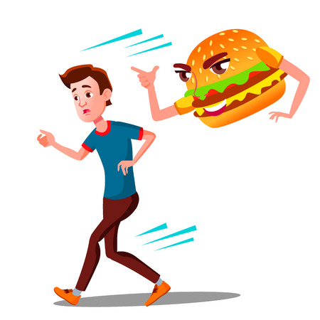 Scared Teen Guy Runing Away From Hamburger Vector. Isolated Illustrationのイラスト素材