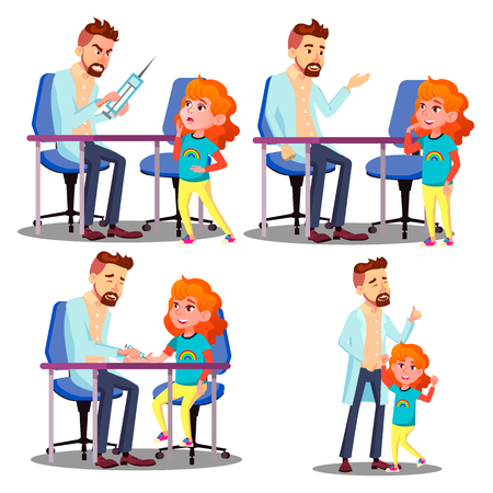 Pediatrician Vaccinating Scared Crying Child Girl Vector. Isolated Illustrationのイラスト素材
