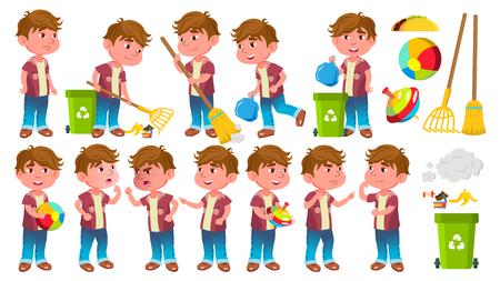 Boy Kindergarten Kid Poses Set Vector. Little Child. Helping On The Garden. Cleaning. Lifestyle. For Advertising, Placard, Print Design. Isolated Illustrationのイラスト素材
