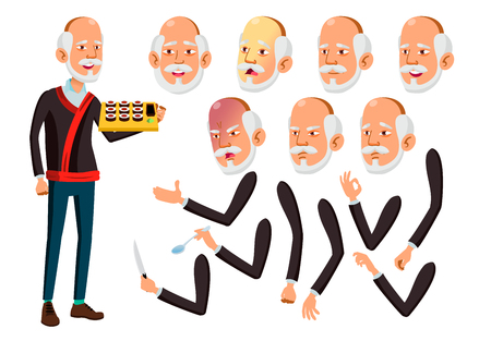 Asian Old Man Vector. Senior Person. Aged, Elderly People. Funny, Friendship. Face Emotions, Various Gestures. Animation Creation Set. Isolated Flat Cartoon Illustrationのイラスト素材