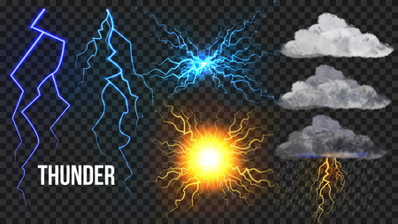 Thunder, Lightnigs Set Vector. Bolt, Night Sky Magic Bright Sparkle Effect. Fireball, Rain, Cloudy. Bad Weather Thunderbolt. Danger Electricity Blast Storm. Realistic Isolated Transparent Illustrationのイラスト素材