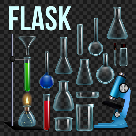 Laboratory Flask Set Vector. Glassware, Beaker. Empty Equipment For Chemistry Experiments. Chemical Lab Instruments. Microscope. Isolated Realistic Transparent Dark Illustrationのイラスト素材