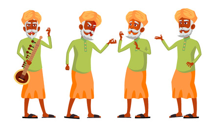 Indian Old Man Poses Set Vector. Hindu. Asian. Elderly People. Senior Person. Aged. Lifestyle. Postcard, Cover Placard Design Isolated Illustrationのイラスト素材