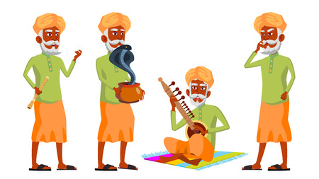 Indian Old Man Poses Set Vector. Hindu. Asian. Elderly People. Senior Person. Aged. Snake Cobra Dance. Web, Brochure, Poster Design Isolated Illustrationのイラスト素材