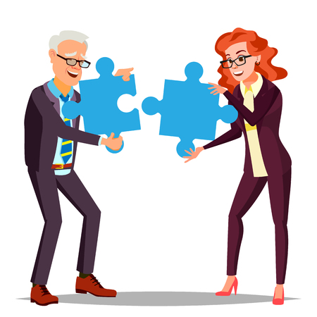 Partnership Vector. Businessman Man, Woman Holding In Hands Two Large Puzzles And Put Together. Illustrationのイラスト素材