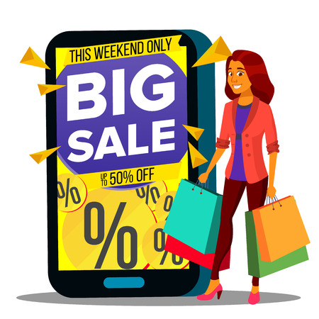 Online Shopping Vector. Modern Beautiful Woman Standing With Shopping Bag And Buying Clothes Online With Mobile. Illustrationのイラスト素材