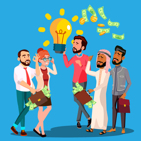 Business Idea Vector. A Man Holding Light Bulb In Hands. Queue Of Multinational Businessmen With Money Bags, Bunch Cash In Hands. Illustrationのイラスト素材