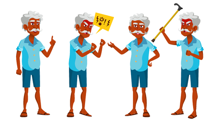 Indian Old Man Poses Set Vector. Elderly People. Hindu. Asian. Senior Person. Aged. Positive Pensioner. Advertising, Placard, Print Design Isolated Illustrationのイラスト素材
