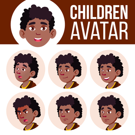 Boy Avatar Set Kid Vector. Black. Afro American. Face Emotions. Expression, Positive Person. Beauty, Lifestyle Cartoon Illustrationのイラスト素材
