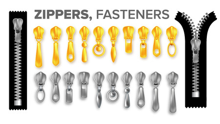 Zipper Set Vector. Gold And Silver Zippers Pullers Connection. Metal, Plastic Garment Components. Closed And Opened. Clothes, Bags, Bungee Cord Accessory. Isolated Realistic Illustrationのイラスト素材