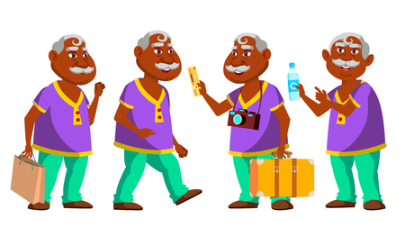 Indian Old Man Set Vector. Elderly People. Hindu. Senior Person. Aged Tourist. Active Grandparent. Summer Travel. Web, Brochure, Poster Design Cartoon Illustrationのイラスト素材