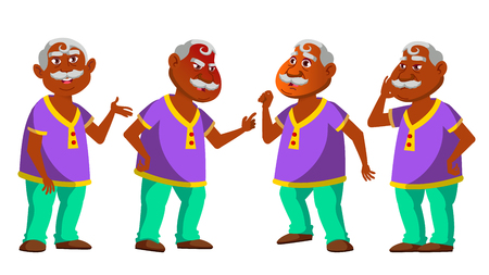 Indian Old Man Set Vector. Elderly People. Hindu. Senior Person. Aged. Comic Pensioner. Lifestyle. Cover, Placard Design Cartoon Illustrationのイラスト素材