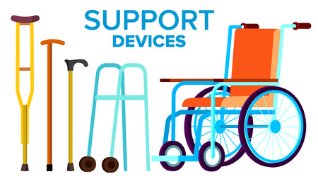 Support Items Vector. Walk Stick, Wheelchair. Isolated Cartoon Illustrationのイラスト素材