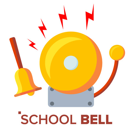 School Bell, Ring Vector. Ringing Classic Electric Bell And Hand Gold Metal Ring Isolated Flat Cartoon Illustrationのイラスト素材