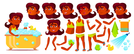 Indian Girl Vector. Hindu. Child. Animation Set. Bath, Shower, Pool, Beach. Face Emotions, Gestures Teenage Beauty Lifestyle Friendly For Web Design Animated Cartoon Illustrationのイラスト素材