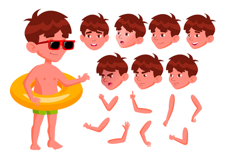 Boy Kid Vector. Positive Child In Water Park. Emotions, Gestures. Summer Vacation. Animation Creation Set. Isolated Cartoon Character Illustrationのイラスト素材