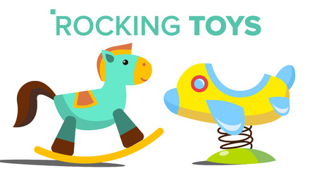 Rocking Toys Vector. Horse, Plane. Child, Kid Playground. Isolated Flat Cartoon Illustrationのイラスト素材